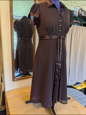 GNW Chocolate Brown Satin-Trim Midi Dress